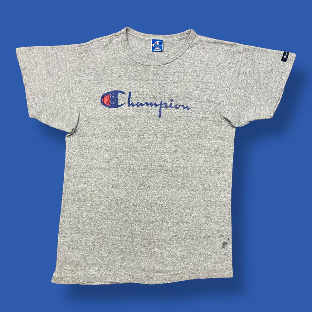 Vintage Champion Shirt 80s Graphic Tee Script Logo Distressed Gray Medium
